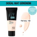 Maybelline New York Mat Fondöten - Fit Me Matte + Poreless Foundation 102 Fair Ivory 3600531369361