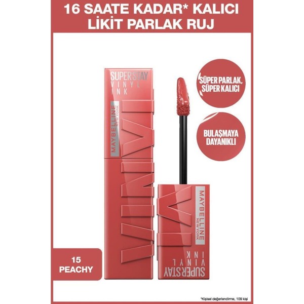 Maybelline New York Super Stay Vinyl Ink Uzun Süre Kalıcı Likit Parlak Ruj 15 Peachy